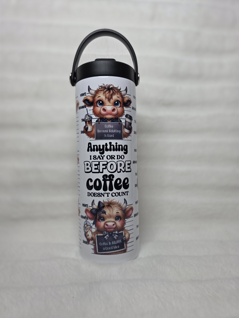 White Insulated Travel Bottle with Cute Cow Coffee Design